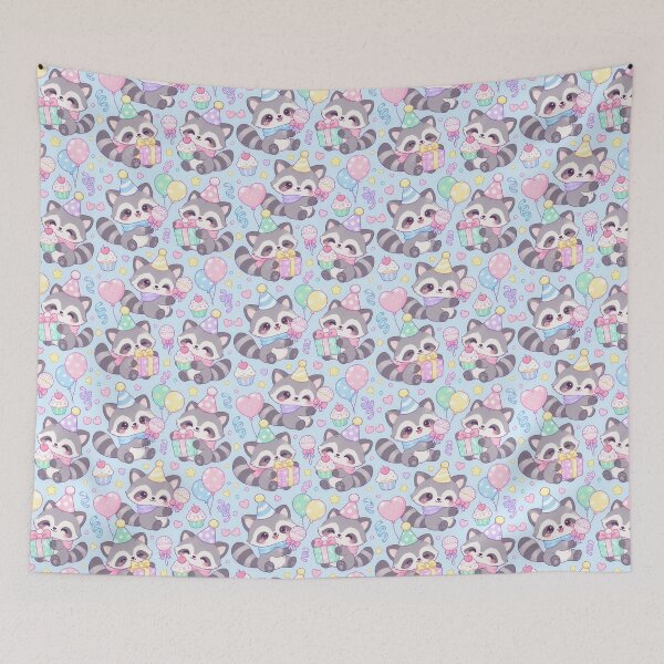 Item preview, Cute Baby Raccoon Birthday Party Pastel Kawaii Pattern designed and sold by Soft Berry Studio.