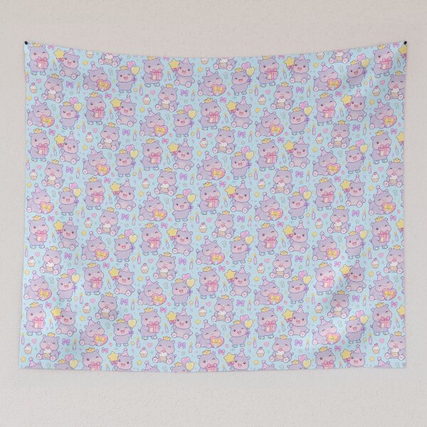 Item preview, Cute Baby Hippo Birthday Party Pastel Kawaii Pattern designed and sold by Soft Berry Studio.
