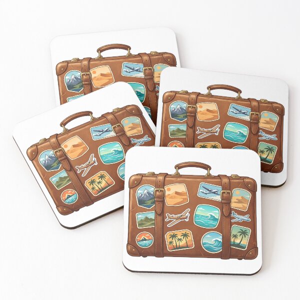 Item preview, Vintage Leather Suitcase Covered in Travel Labels – Airplanes, Beaches, Mountains designed and sold by EMaviation_.