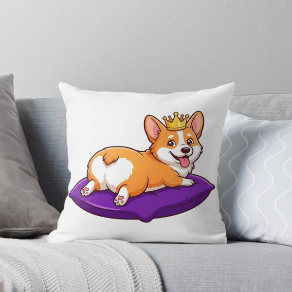 Item preview, Royal Corgi Sploot Purple Velvet Cushion Golden Crown designed and sold by YNAMREG.