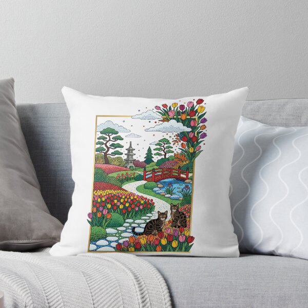 Item preview, Tulip Garden with Tabby Cats Pointillism Illustration designed and sold by BareCanvasCompany.