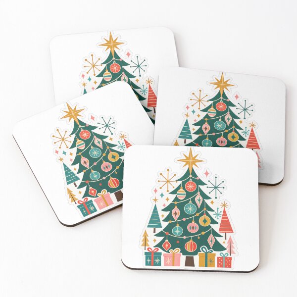 Item preview, Retro Mid-Century Christmas Tree Sticker – Colorful Vintage Ornaments and Festive Gift Boxes designed and sold by RDcollections.