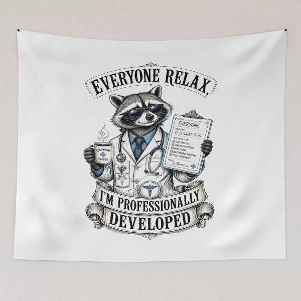 Item preview, Everyone Relax, I’m Professionally Developed – Raccoon Doctor and Coffee designed and sold by Art-Arcade6.