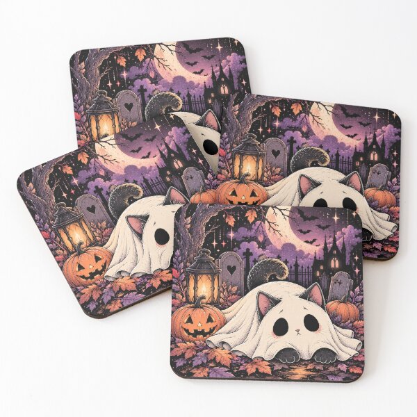 Item preview, Kawaii Ghost Cat in Moonlit Pumpkin Graveyard designed and sold by WonderFlux.
