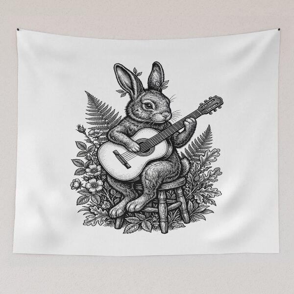 Item preview, Vintage Cottagecore Rabbit Playing Acoustic Guitar Retro Linocut designed and sold by PozivoPlus.