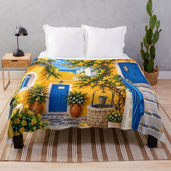Item preview, Mediterranean Yellow Courtyard With Blue Doors designed and sold by aliyehc.