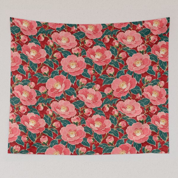 Item preview, Pink Camellia Tsubaki Japanese Floral Pattern on Red designed and sold by Small Kine Prints.