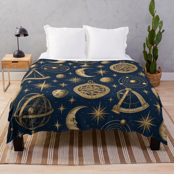 Item preview, Astrolabe Pattern | Medieval Astronomy Instruments, Moons and Stars in Gold on Midnight Blue designed and sold by StickyGuys.