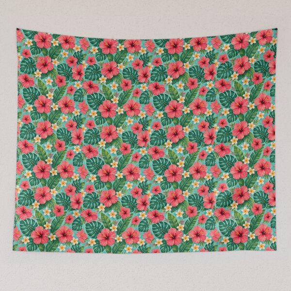 Item preview, Tropical Hibiscus and Monstera Pattern – Pink Floral on Turquoise designed and sold by SublimeMusings.