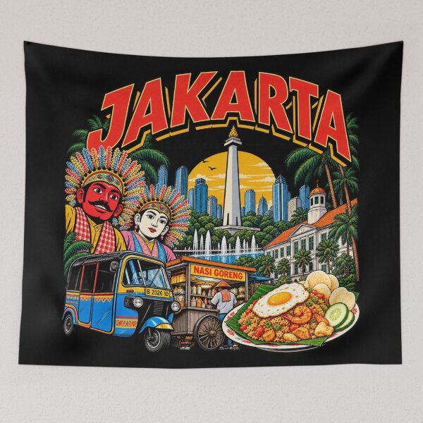 Artikelvorschau, Jakarta Indonesien Retro Vintage Reisekunst – Betawi Kultur & Street Food entworfen und verkauft von getpressedshirt.