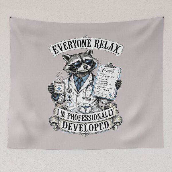 Item preview, Everyone Relax, I’m Professionally Developed – Raccoon Doctor and Coffee designed and sold by Art-Arcade6.
