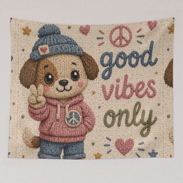 Item preview, Cute dog with Good Vibes Only peace sign on knitting pattern designed and sold by Mauswohn.