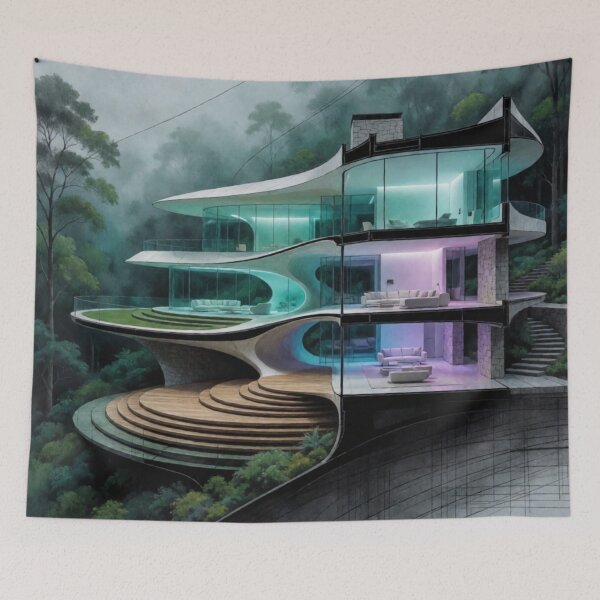Item preview, Curved Glass Forest Mansion - Futuristic Luxury Home Art designed and sold by nhk999.
