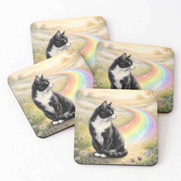 Item preview, Elderly Tuxedo Cat Waiting at the Rainbow Bridge - Pet Memorial designed and sold by Sybille-Yates.