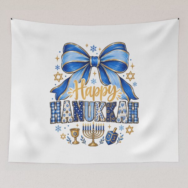Item preview, Happy Hanukkah Bow – Blue Gold Coquette Bow Menorah Dreidel Star of David Jewish Holiday designed and sold by Jose Art Studio.