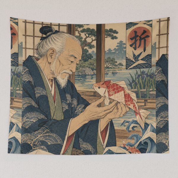 Item preview, Japanese Origami - Elder Holding Koi Among Folded Waves designed and sold by bapupa.