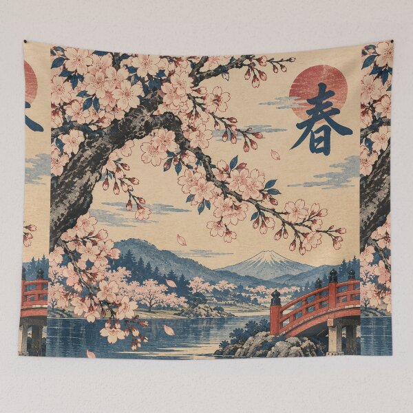 Item preview, Japanese Spring - Cherry Blossoms Over Lake and Red Bridge designed and sold by bapupa.