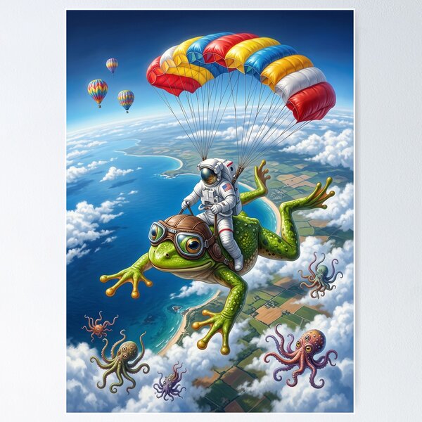 Item preview, Cosmic Astronaut Riding Flying Frog Pop Surrealism Art Description designed and sold by Rain-Road.