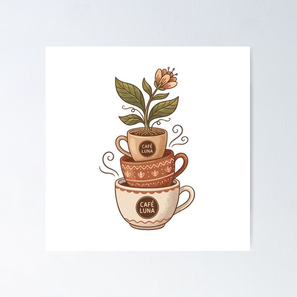 Item preview, Cafe Luna Coffee Cups Plant Illustration designed and sold by AIG - Andrei Ilie Graphics.