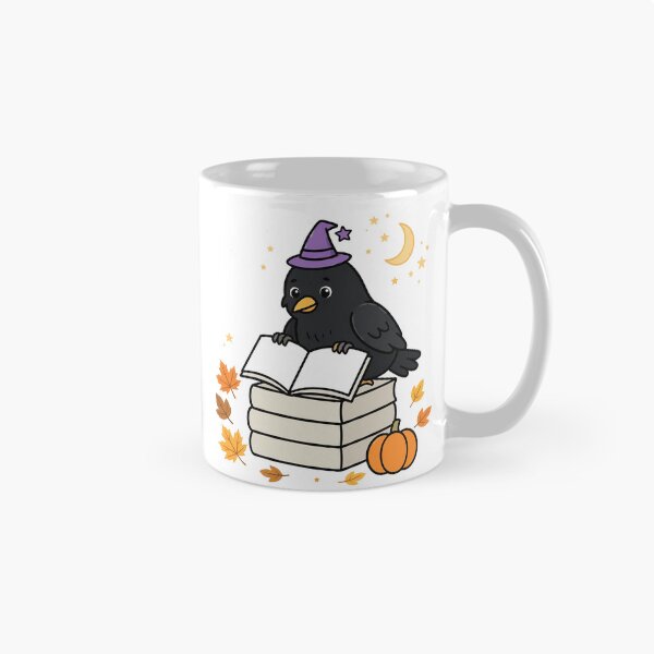 Item preview, Raven in a Witch Hat Reading, Cute Black Raven on a Stack of Books Reading a Book with Pumpkin and Moon designed and sold by ElicitaDesign.