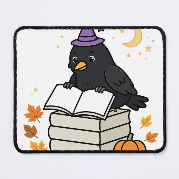 Item preview, Raven in a Witch Hat Reading, Cute Black Raven on a Stack of Books Reading a Book with Pumpkin and Moon designed and sold by ElicitaDesign.