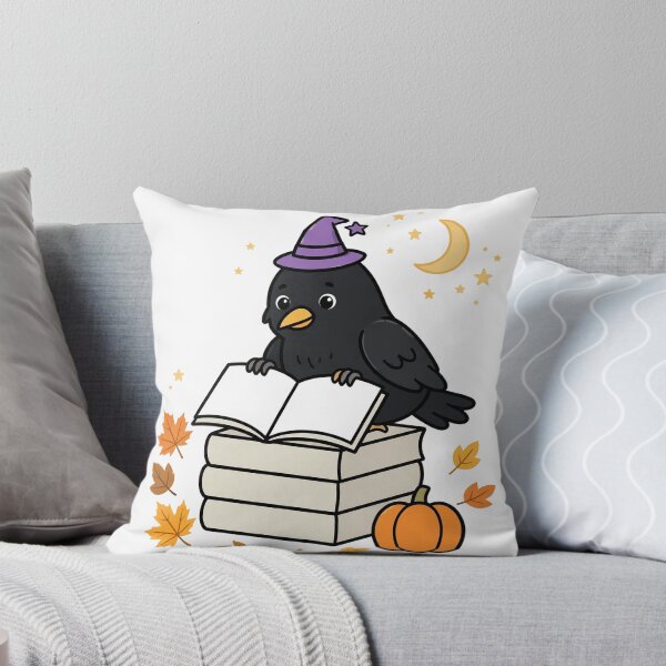 Item preview, Raven in a Witch Hat Reading, Cute Black Raven on a Stack of Books Reading a Book with Pumpkin and Moon designed and sold by ElicitaDesign.