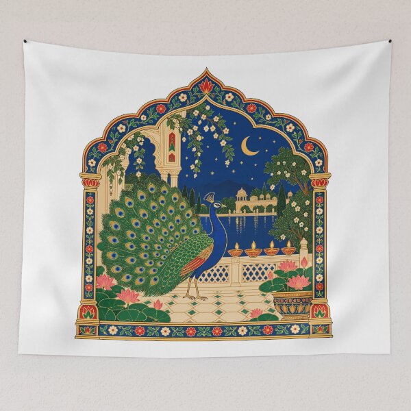 Item preview, Indian Miniature Peacock with Diya Lamps at Night designed and sold by codex401.