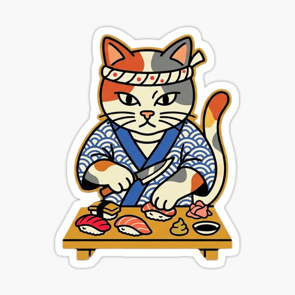 Item preview, Sushi Chef Cat - Cute Calico Making Sushi & Japanese Food Art designed and sold by The Red Lime.