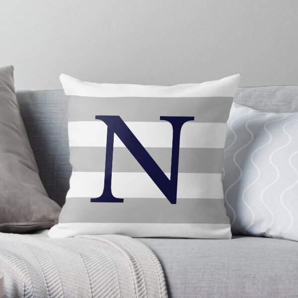 Silver Gray Stripes Navy Blue Monogram N Throw Pillow