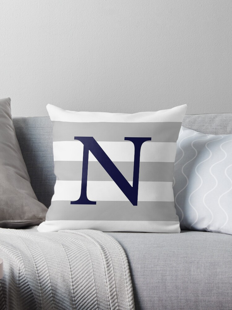 Navy Blue Grey Stripes Monogram Lumbar Pillow