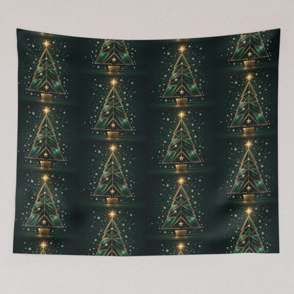 Item preview, Elegant Geometric Christmas Tree with Gold and Green Accents on Dark Background with Glowing Snowflakes and Stars designed and sold by Dreamy Armine Art.