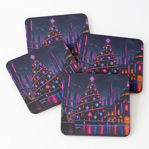 Item preview, Cyberpunk Neon Christmas Tree – Snowy Futuristic City, Geek Gift designed and sold by Kek-Ina.