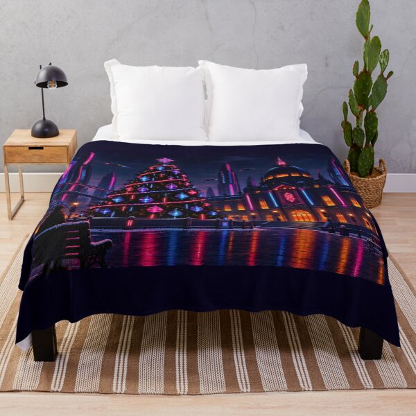 Item preview, Cyberpunk Neon Christmas Tree – Snowy Futuristic City, Geek Gift designed and sold by Kek-Ina.