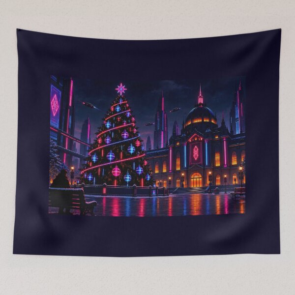 Item preview, Cyberpunk Neon Christmas Tree – Snowy Futuristic City, Geek Gift designed and sold by Kek-Ina.