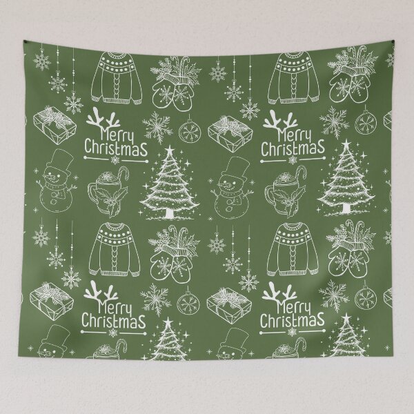 Item preview, Christmas Doodle Pattern – White Chalk Style Illustrations on Green designed and sold by Dino-Lune.