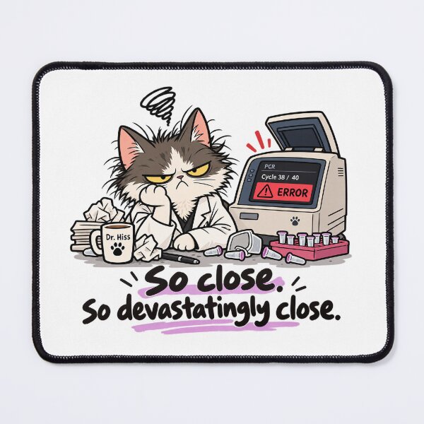 Item preview, So Close, So Devastatingly Close – Dr. Hiss PCR Error Cat designed and sold by Dr Hiss's Laboratory of Misfortune.