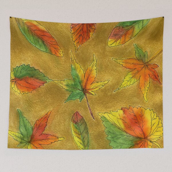 Item preview, Autumn Leaves Pen and Watercolour Wash with Gold Acrylic Paint Background designed and sold by LymphomaLass.