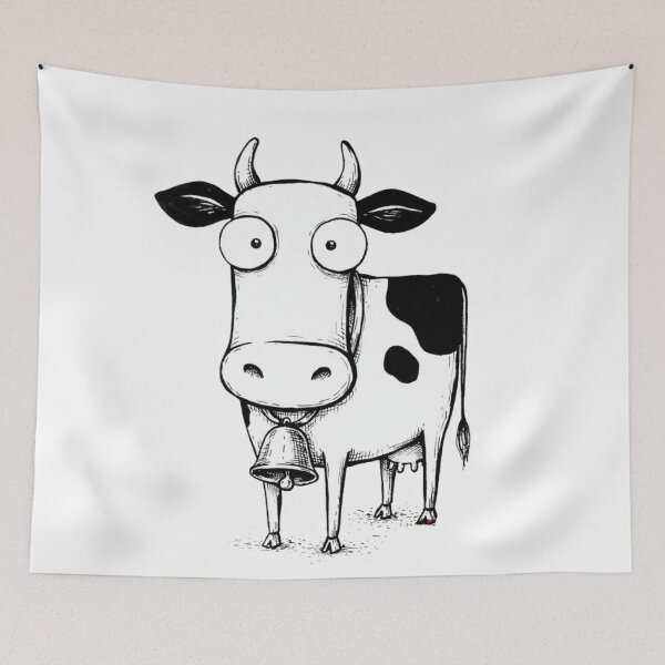 Item preview, Minimalist black and white pen-and-ink illustration of a whimsical cartoon cow designed and sold by 123ks.