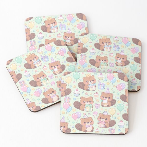 Item preview, Kawaii Birthday Beavers Pastel Cute Woodland Animal Party Pattern designed and sold by Soft Berry Studio.