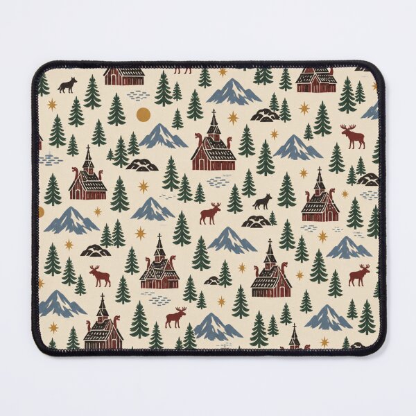 Item preview, Stave Church Pattern | Norwegian Wooden Churches with Dragon Heads, Pines and Mountains designed and sold by StickyGuys.