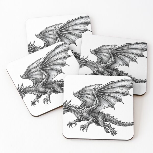Item preview, Flying Dragon Engraving Tattoo Art – Crosshatch Ink Winged Dragon Realistic Scale Illustration designed and sold by DragonSerpent Ink.