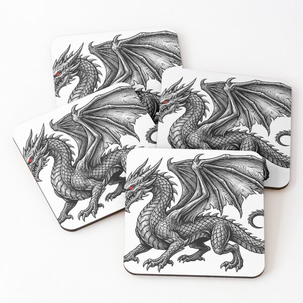 Item preview, Red Eyed Dragon Engraving Tattoo Art – Standing Black Scaled Dragon Woodcut Illustration designed and sold by DragonSerpent Ink.