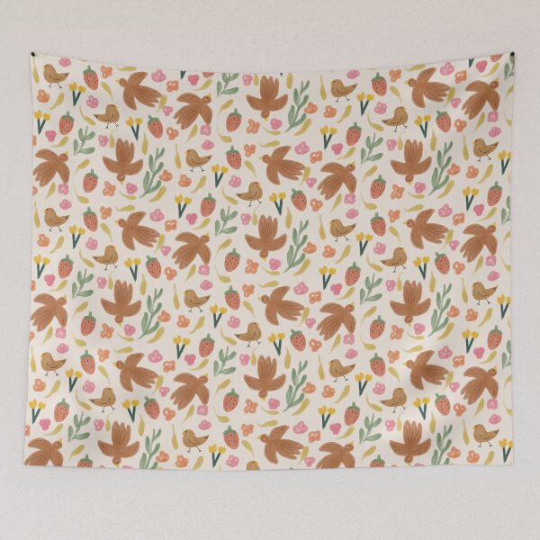 Item preview, Whimsical Cottagecore Birds & Strawberries Floral Pattern designed and sold by tealtangerine78.