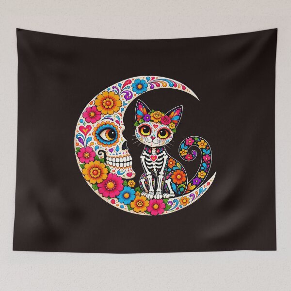 Item preview, Cat Moon Sugar Skull Day of the Dead Dia de Los Muertos Art designed and sold by mari-kayden.