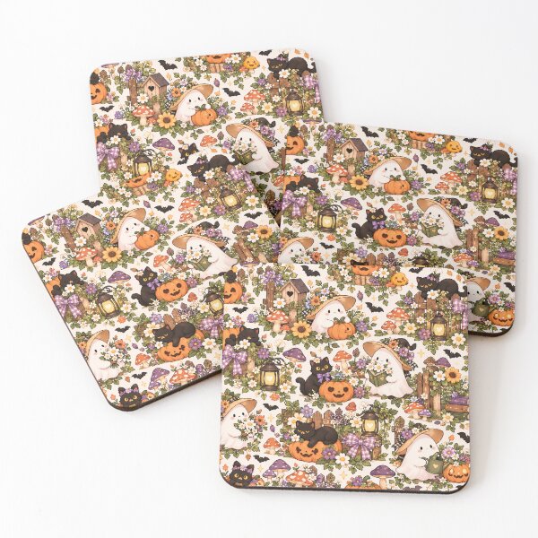 Item preview, Cottagecore Spooky Garden Pattern – Cute Ghosts, Black Cats, Pumpkins & Mushrooms designed and sold by RJACreative.