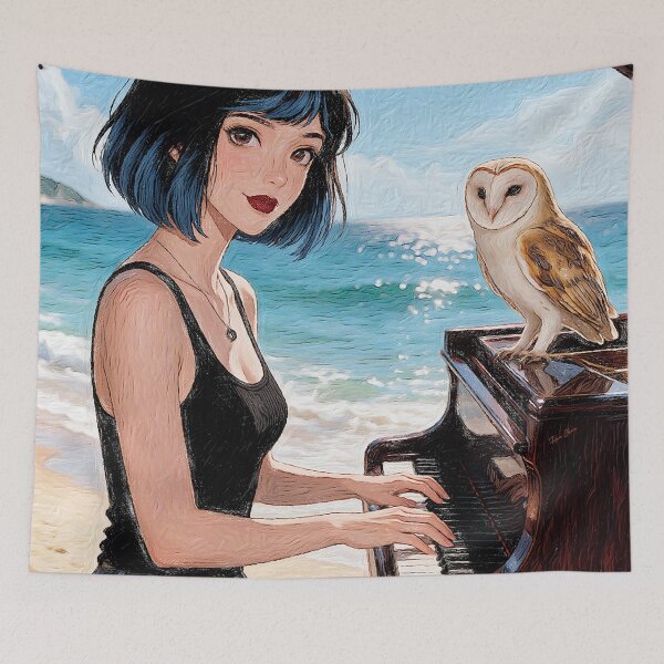 Item preview, Ocean Piano Melody - Girl and Barn Owl Anime Beach Art designed and sold by Hen-C-Art.
