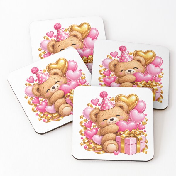 Item preview, Cute Teddy Bear Birthday Gift with Pink Hearts and Gold Balloons designed and sold by Celebrate & Sparkle.