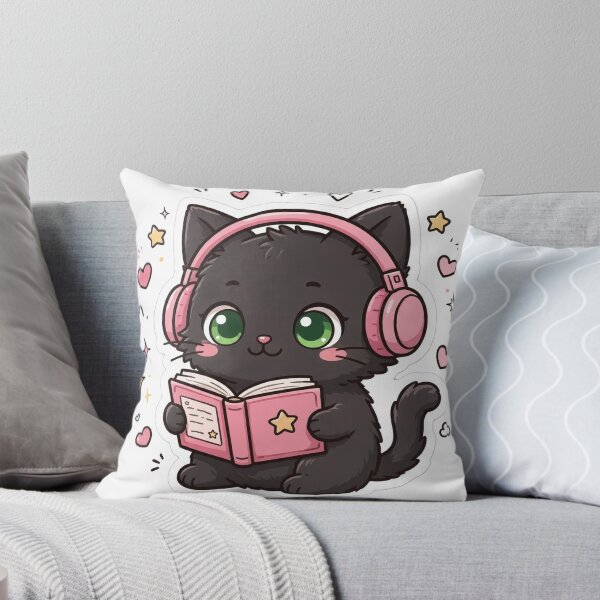 Item preview, Cute Black Cat Reading Book With Headphones designed and sold by AsmiCreationArt.