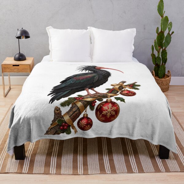 Item preview, Waldrapp ibis with ruby-red Christmas baubles designed and sold by Gloddeck Prints.