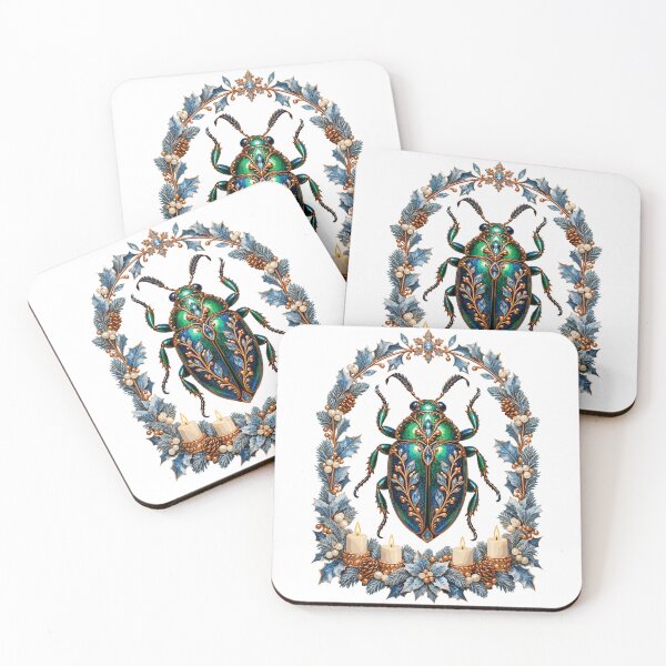Item preview, A ceremonial beetle in the ice-blue Advent window designed and sold by Gloddeck Prints.